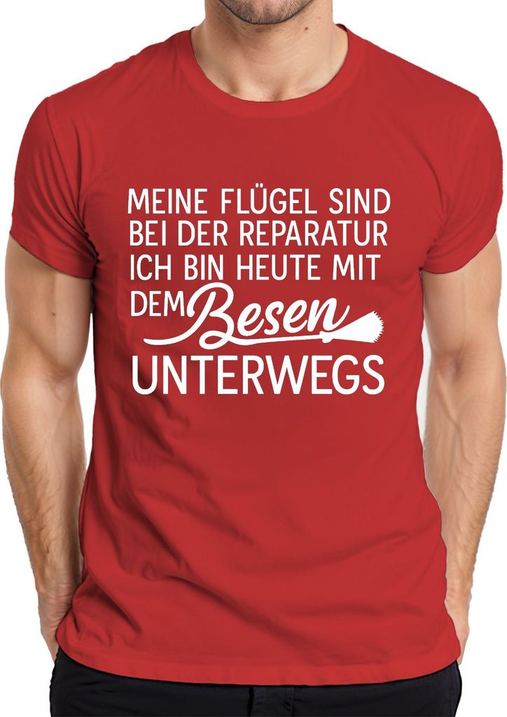 Flügel in Reparatur heute mit Besen unterwegs Hexe Lustig Spaß Herren T-Shirt, Rot, XL