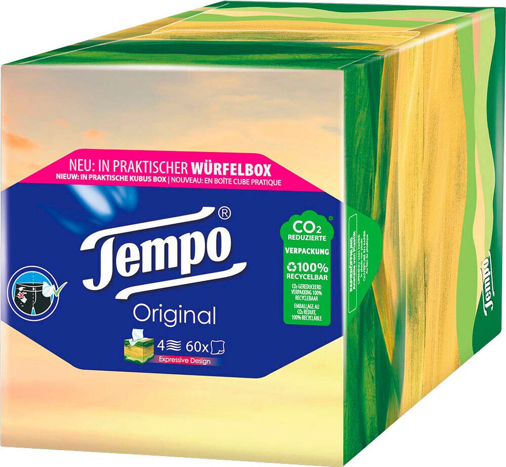 A cube-shaped box of Tempo Original tissues.