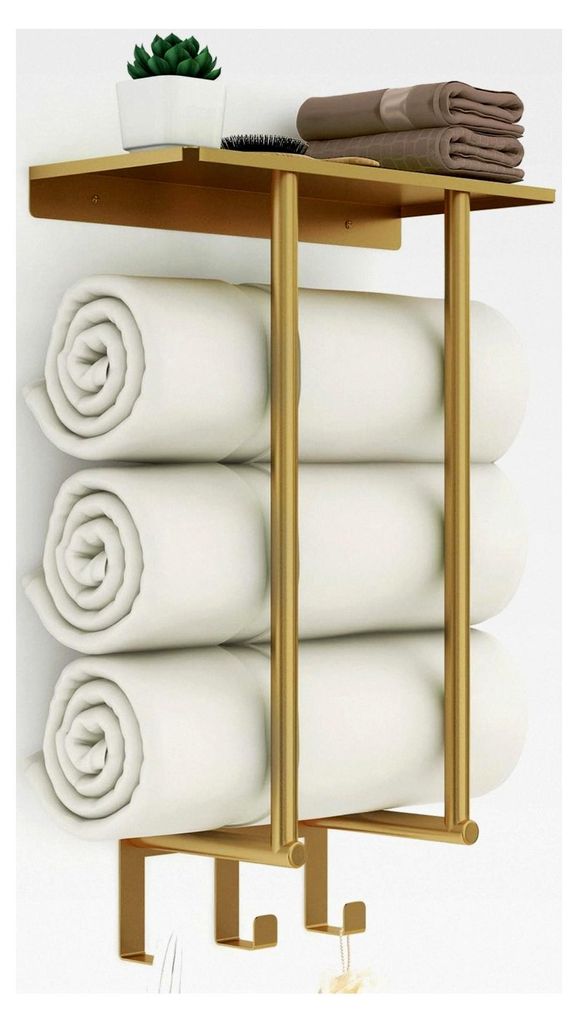 Handtuchregal für das Badezimmer mit Ablage und 3 Haken, 50 cm Wand-Handtuchhalter in Gold, Metall Handtuchaufbewahrung für kleine Badezimmer