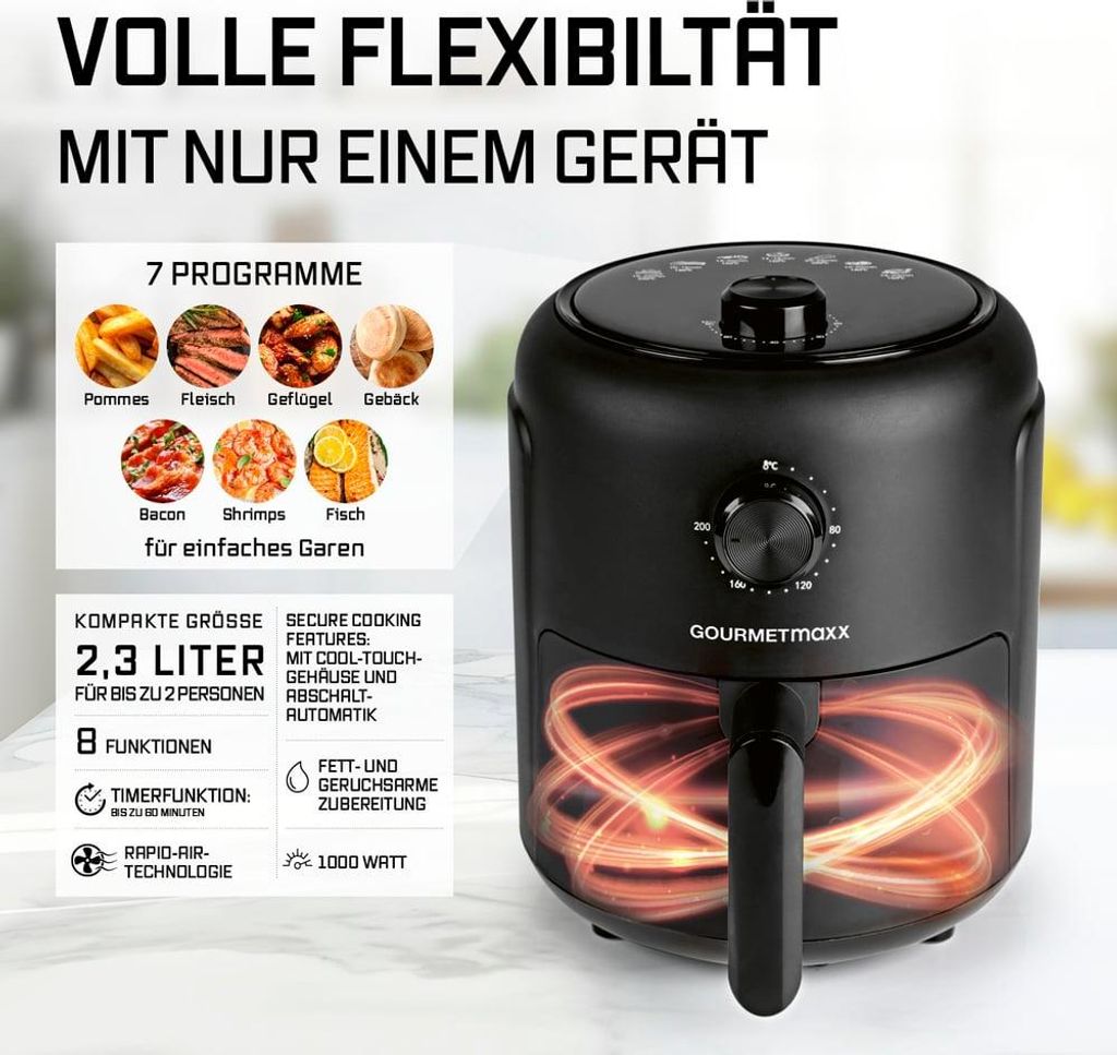 A black air fryer is shown with marketing text and graphics highlighting its features and programs.