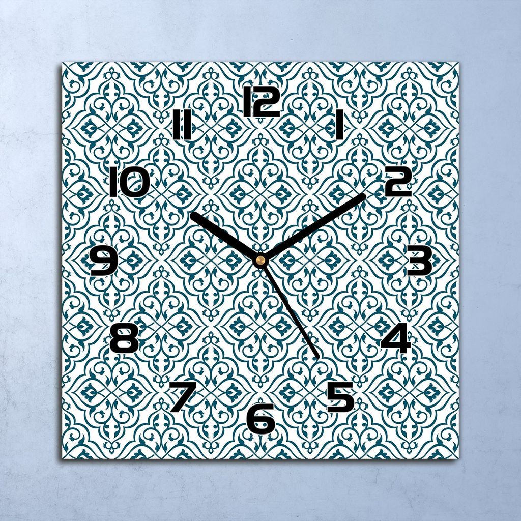 Wanduhr Echt-Glas-Küchenuhr Blau Ornament Weiß Quarz 30x30 Produktbild 