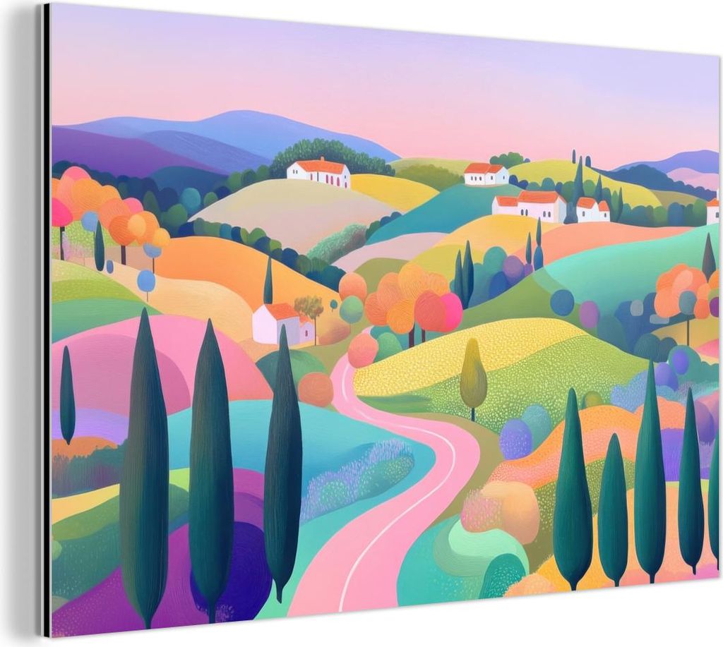 MuchoWow Wanddekoration Metall Metallbild Wandkunst 60x40 cm Landschaft - Lila - Pastell - Häuser MuchoWow Aluminium Gemälde - Gemälder