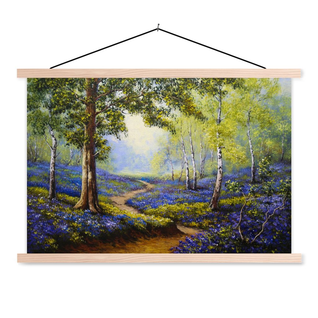 MuchoWow Textilposter Gemälde - Natur - Wald - Blumen - Ölfarbe 120x80 cm mit holzfarbenen Rahmen - Aufhängeset