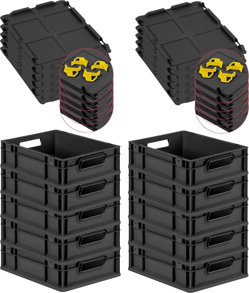 SuperSparSet 10x Eurobox NextGen Grip mit Scharnierdeckel und gelben Schiebeschnappverschlüssen | HxBxT 12x30x40cm | 11 Liter | Schwarz | Griffe o...