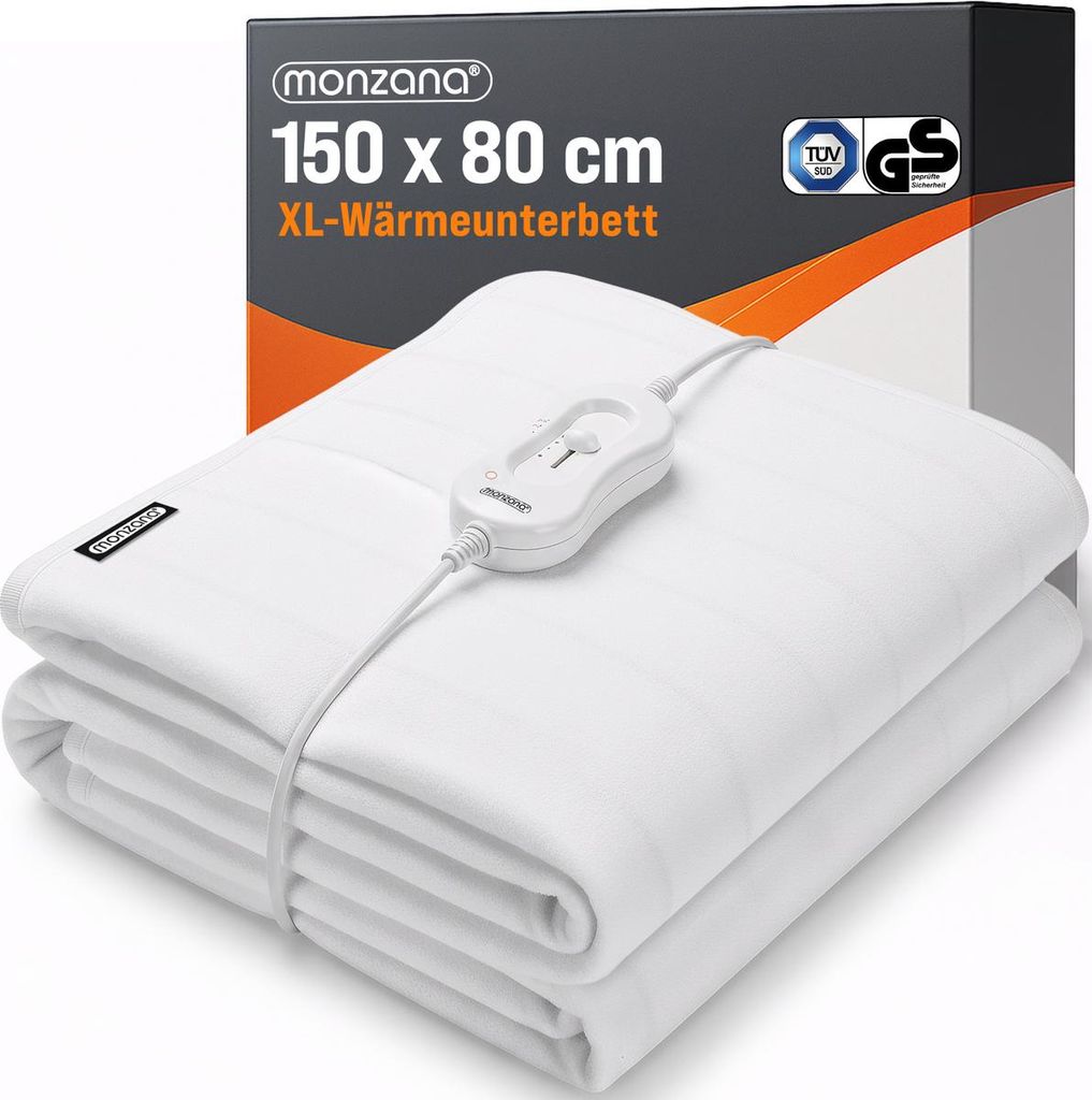 A folded white electric blanket with a controller is shown in front of its packaging.