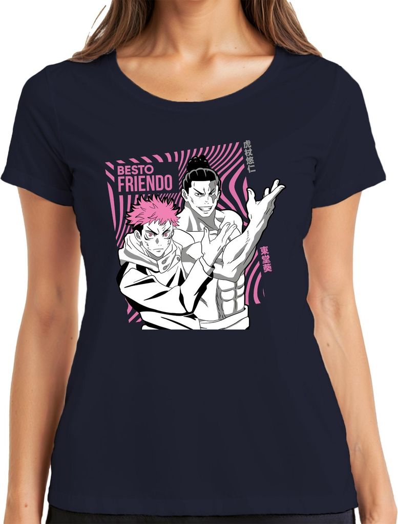 Jujutsu Kaisen BESTO FRIENDO Yuji Itadori Aoi Todo Geschenk Anime Damen T-Shirt, Navy, L