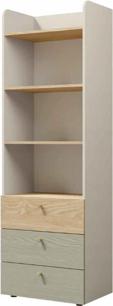 Tkmoebel YUKI 5 Bücherregal mit Schubladen, Grau Beige + Eiche geölt + Eukalyptus