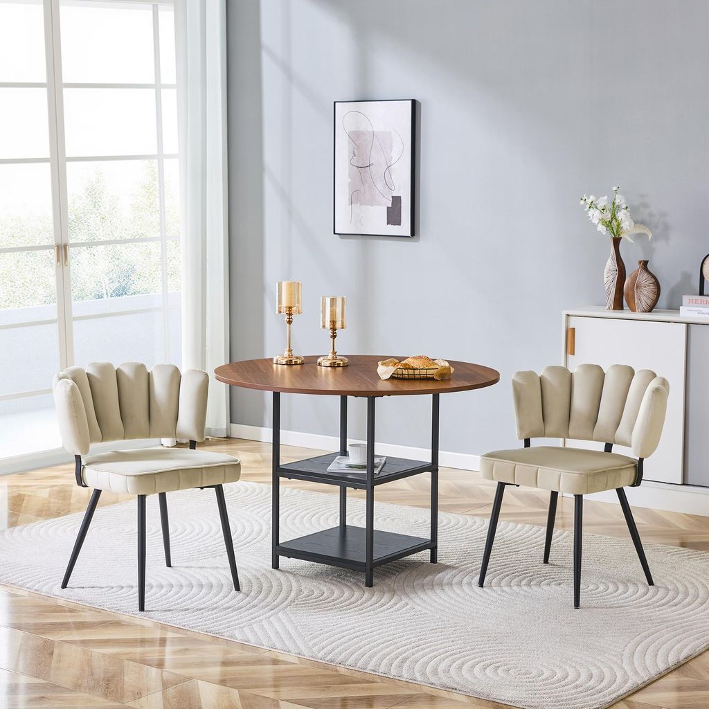 3-tlg. Essgruppe Rund Ø107cm Esstisch in Nussbaum-Optik & 2 Polsterstühle Hellbraun, platzsparendes Sitzgruppe Set mit 2 Ablagen für Küche & kl...