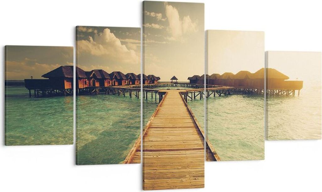 Bild auf Leinwand - Leinwandbild - 5 Teile - Malediven Ferienhäuser Wasser - 125x70cm - Wand Bild - Wanddeko - Wandbilder - Leinwanddruck - Bilder...