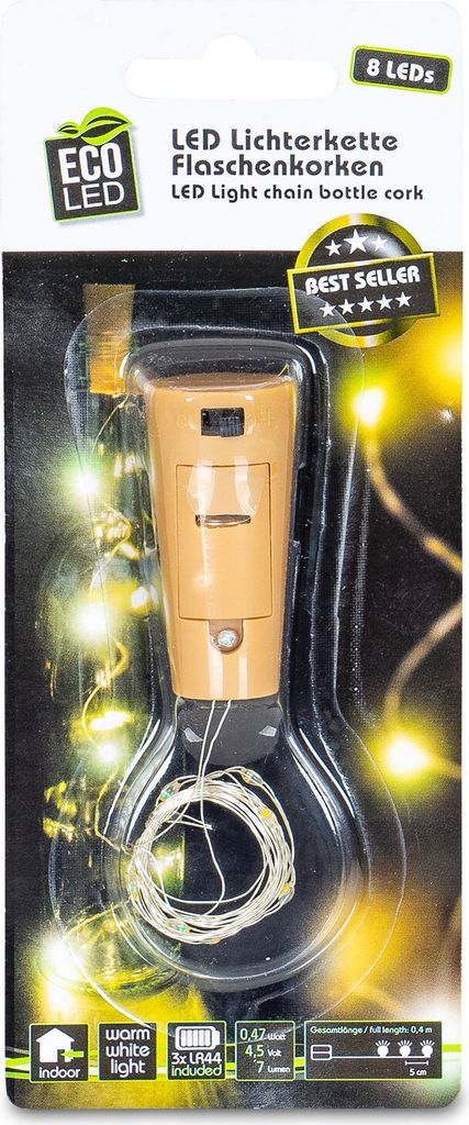 Product packaging for LED light chain bottle corks.
