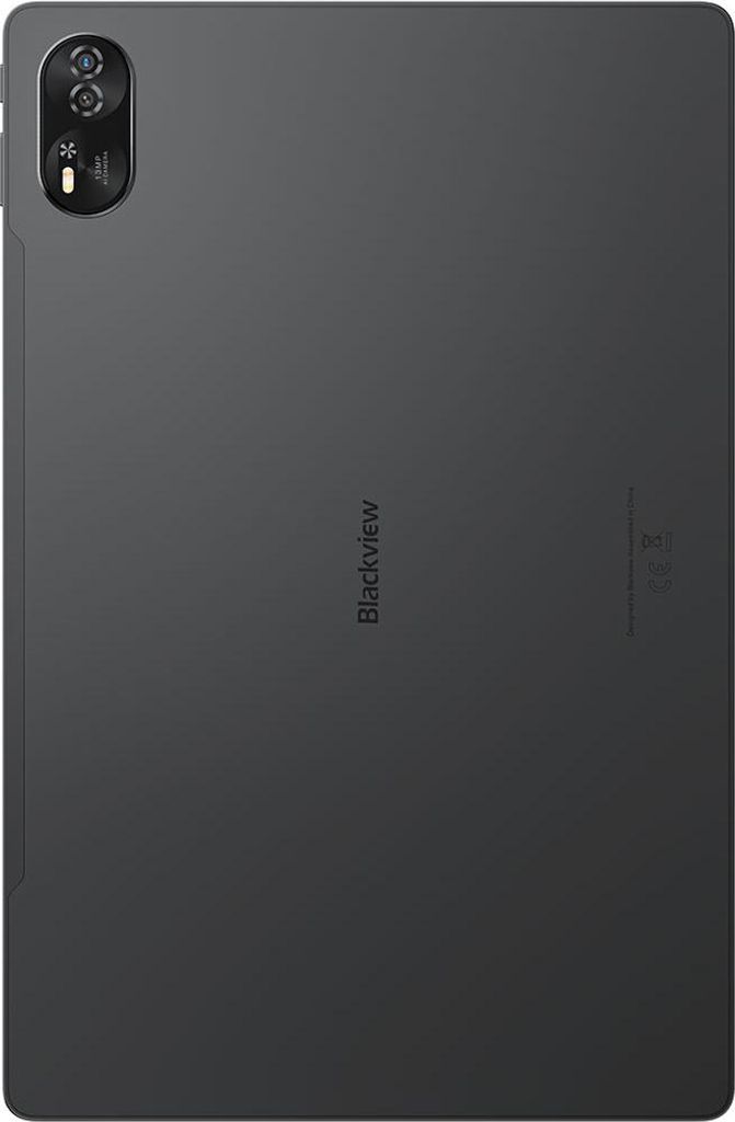 The back of a black tablet is shown.