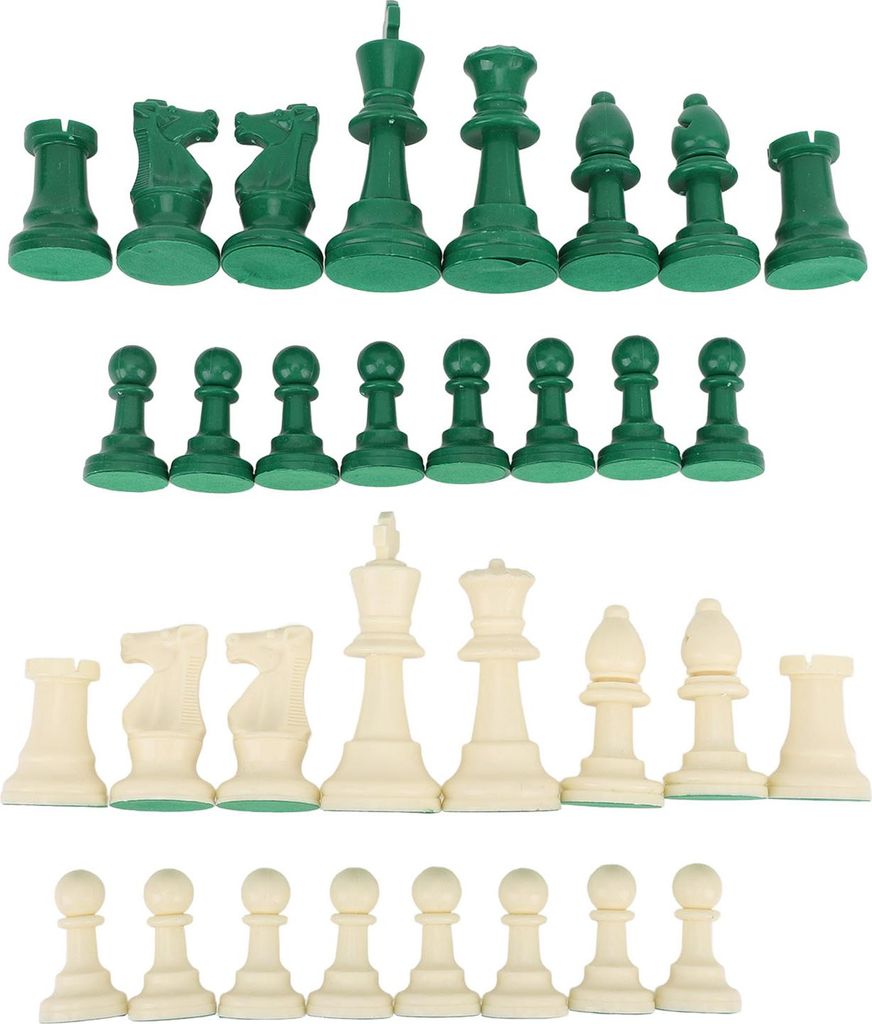 32-teiliges internationales Schachfiguren-Set mit grünen und weißen Figuren aus Kunststoff mit Filzboden
