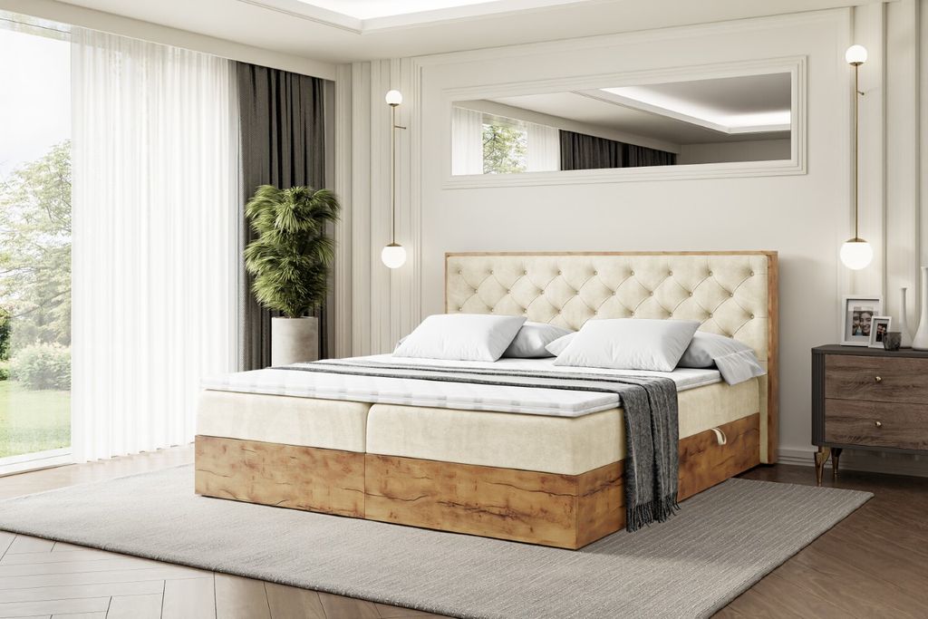 ALTDECOR Boxspringbett mit Eiche Holz LOLLI3 mit H4-Matratze, Kopfteil und Bettkasten -120x200 - Beige Samt