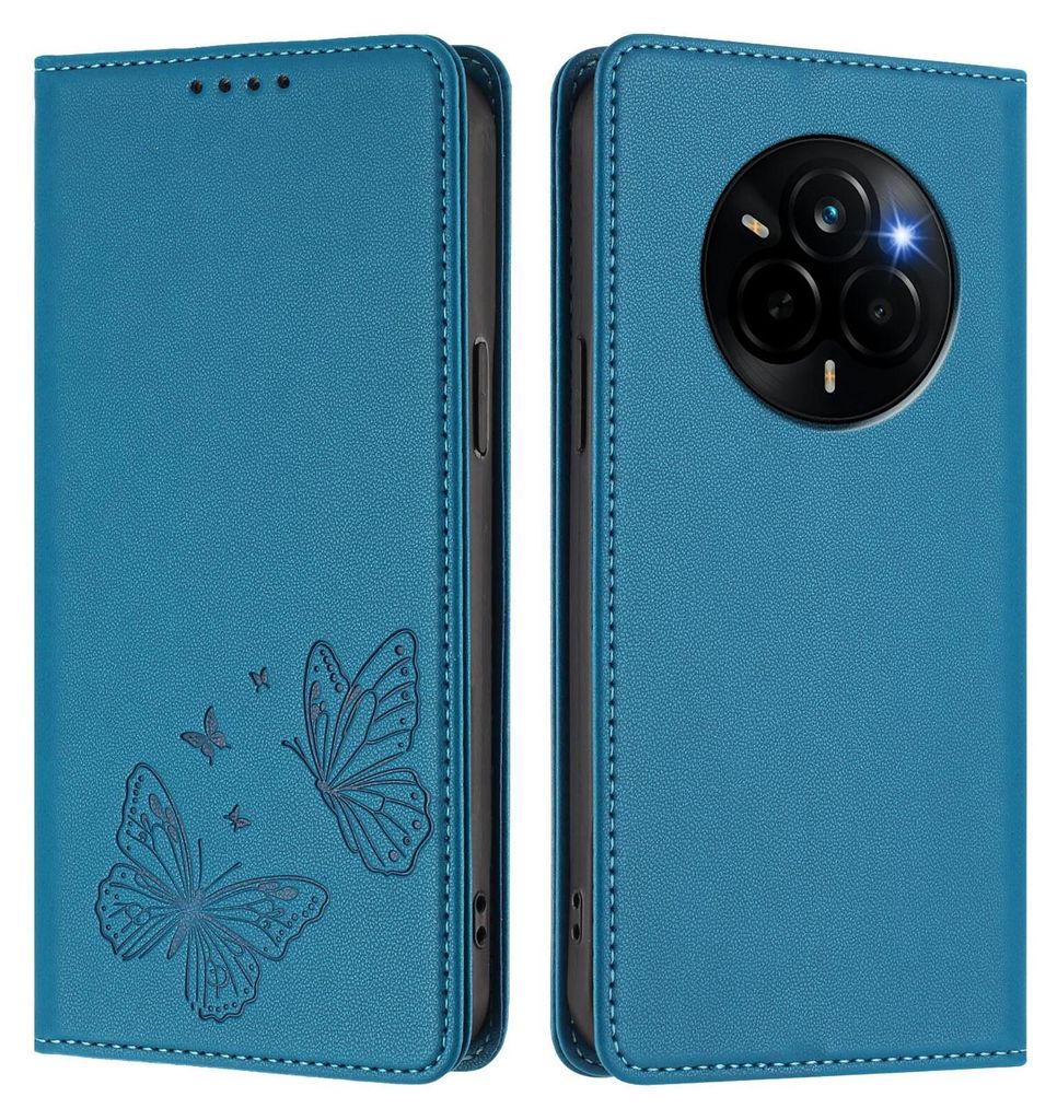 Lederhülle für Realme Narzo 80 Pro, Schmetterling Prägung Leder Brieftasche Schutzhülle mit Ständer Blau