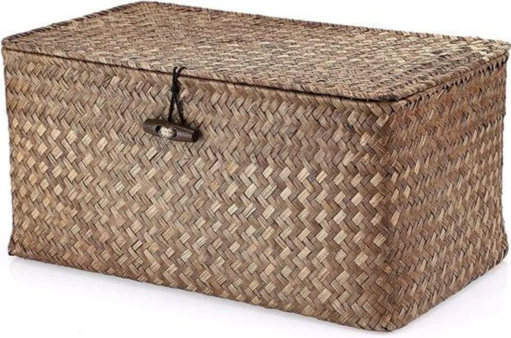 Panier carré en jonc de mer noir avec couvercle - Rangement 30x30 cm