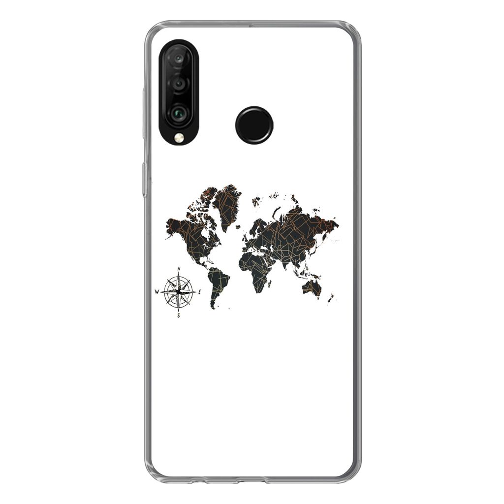 MuchoWow Handyhülle Schutzhülle Hülle für Huawei P30 Lite Weltkarte - Gold - Schwarz - Windrose Silikon Softcase Handy Hülle - Handyhülle