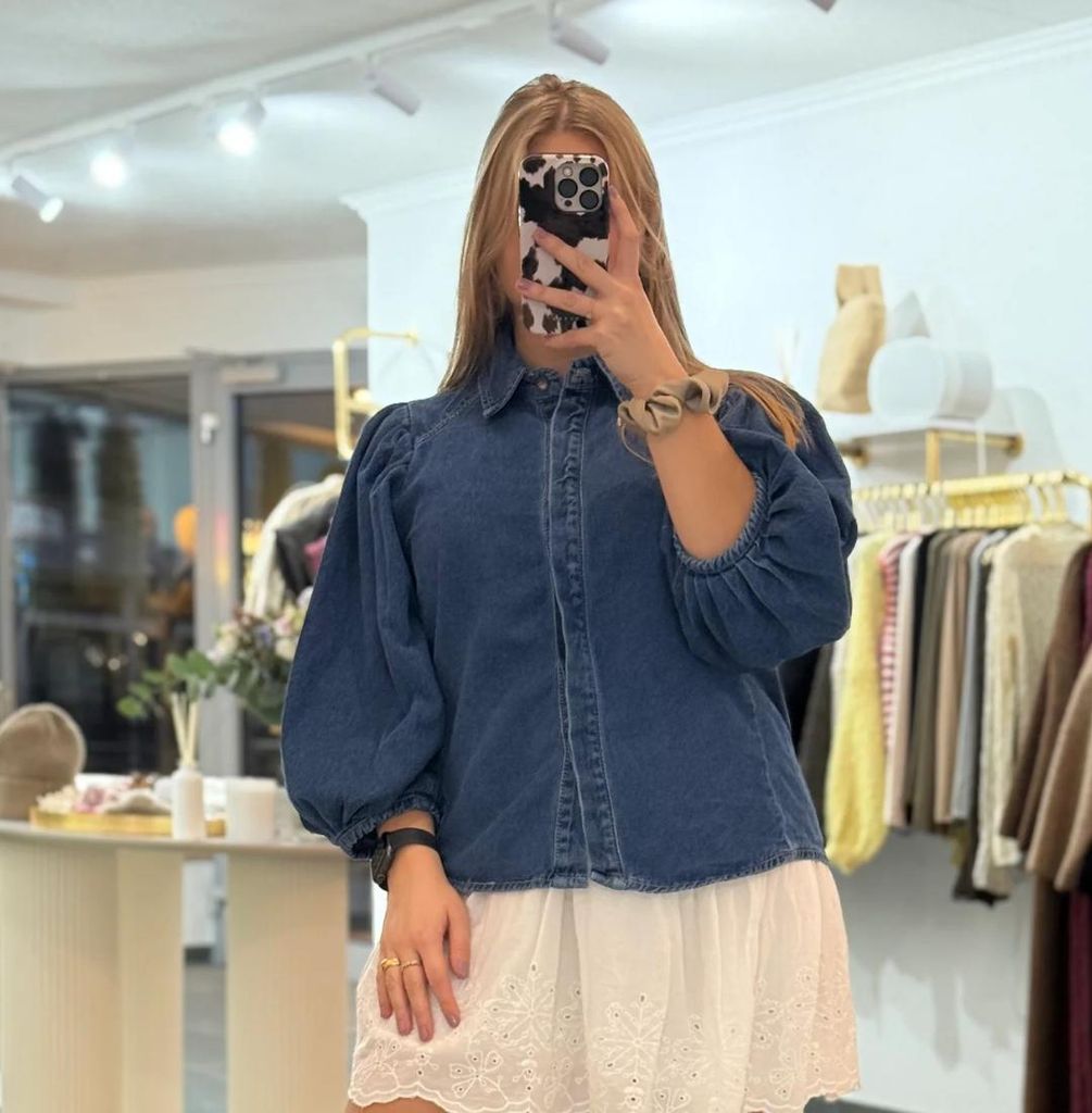 Jeansbluse Damen "Christina" Blau (meliert) Größe L - für Frauen Jeans Bluse, ausgestellte Ärmel, kurzer Schnitt, Langarm Bluse, Denim Blouse Frau