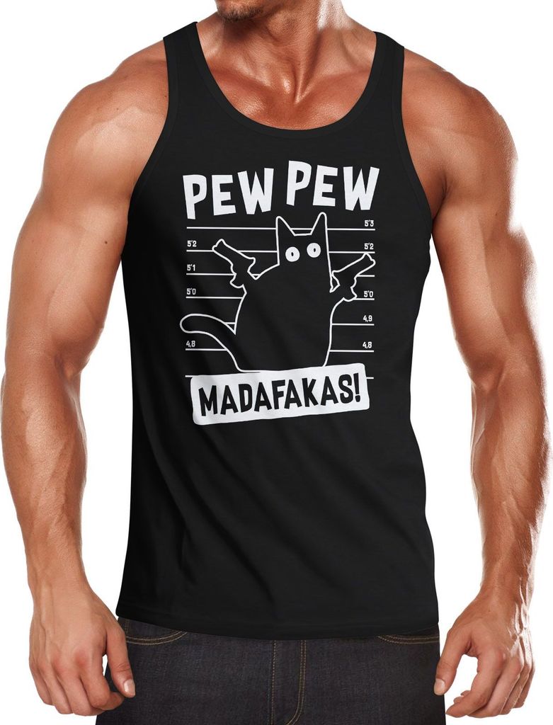 Herren Tanktop Pew Pew Madafaka Katze Cat Most Wanted Meme Spruch Trend Moonworks schwarz M