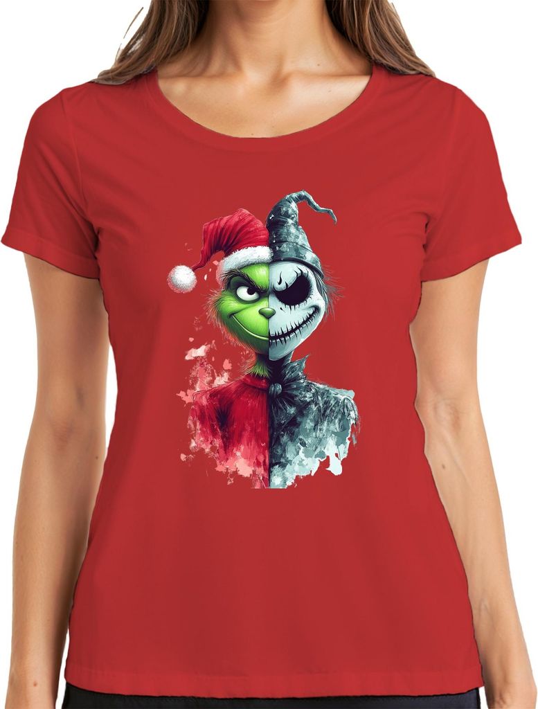 Grinch Jack Skellington Halb Gesicht Weihnachten Horror Vintage Damen T-Shirt, Rot, XXL