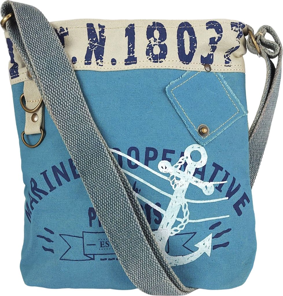 Sunsa Damen Umhängetasche. kleine Leinwand/Canvas Tasche. Vegan Damentasche. Blaue Crossbody Bag in Maritim/Anker Vintage Stil