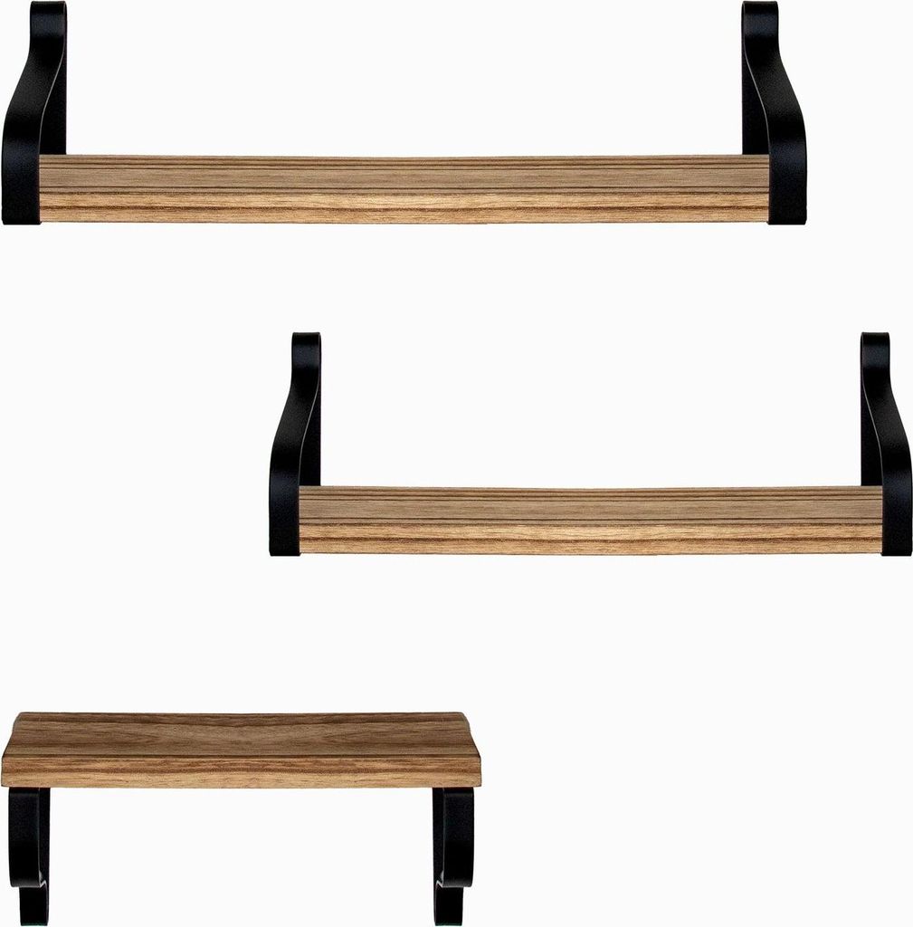 Intirilife 3er Set Wandregal in Holz- Schweberegal 3 Stück mit Schrauben Dübel - Regalbrett mit 2 Montagemöglichkeiten- rustikale Wandregale fü...