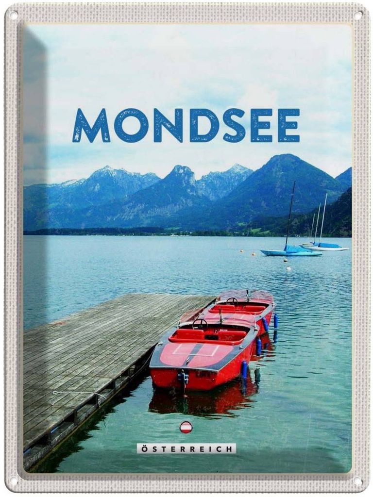 vianmo Blechschild 40x30 cm Mondsee Österreich Urlaub Boote See Berge Bildmotiv Reisemotiv Abenteuer Reisen Europa