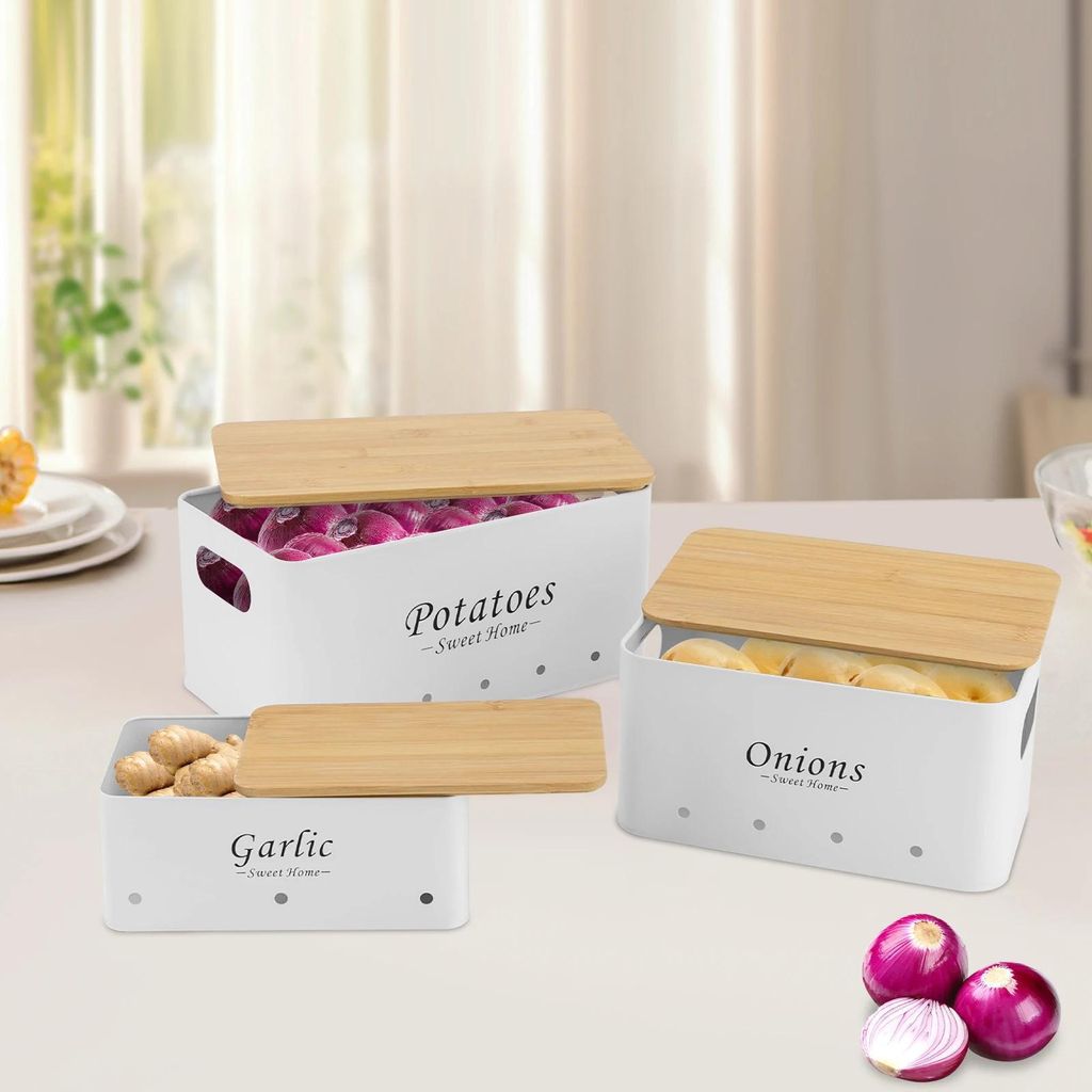 Küchen Aufbewahrungsset - 3er Set Aufbewahrungsboxen - Belüftete Metallboxen - Bambusdeckel - Für Zwiebeln Kartoffeln Knoblauch - Weiß