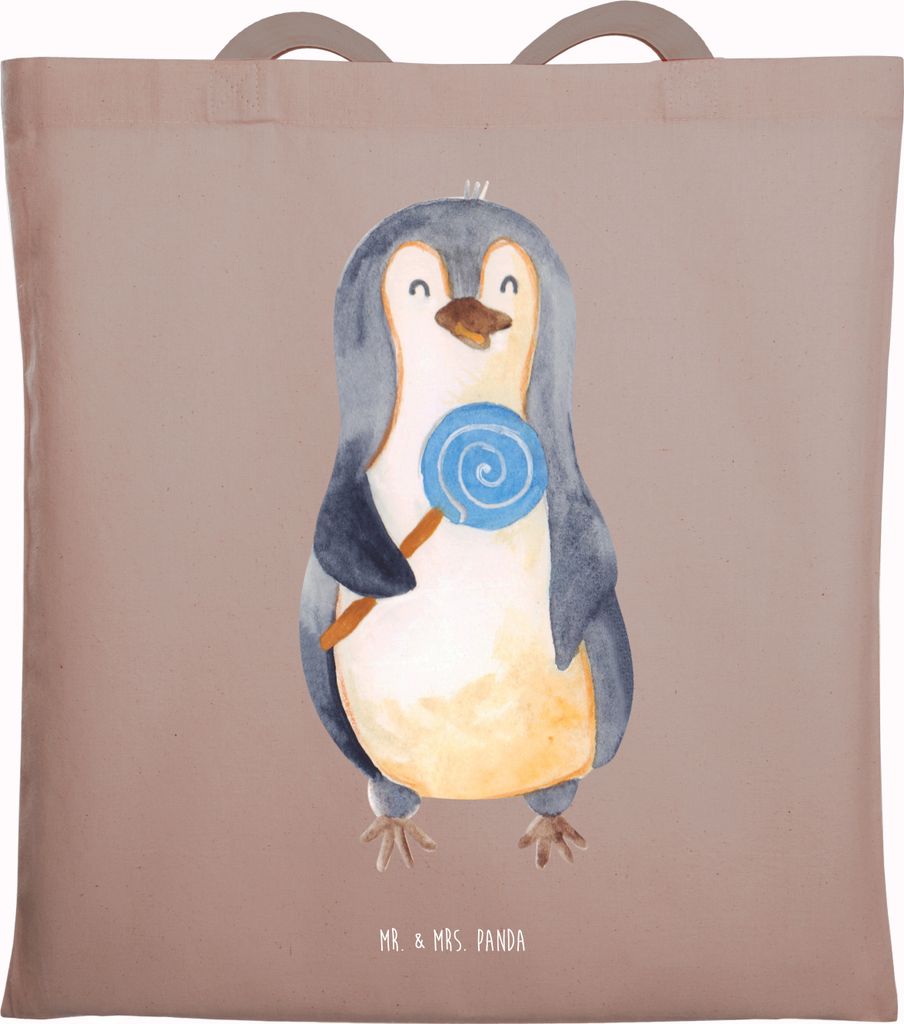 Mr. & Mrs. Panda Tote Bag Pinguin Lolli - Braun Pastell - Geschenk, Heißhunger, Schultasche, Naschen, Spruch, Shopping Tasche, Süßigkeiten, Jute...
