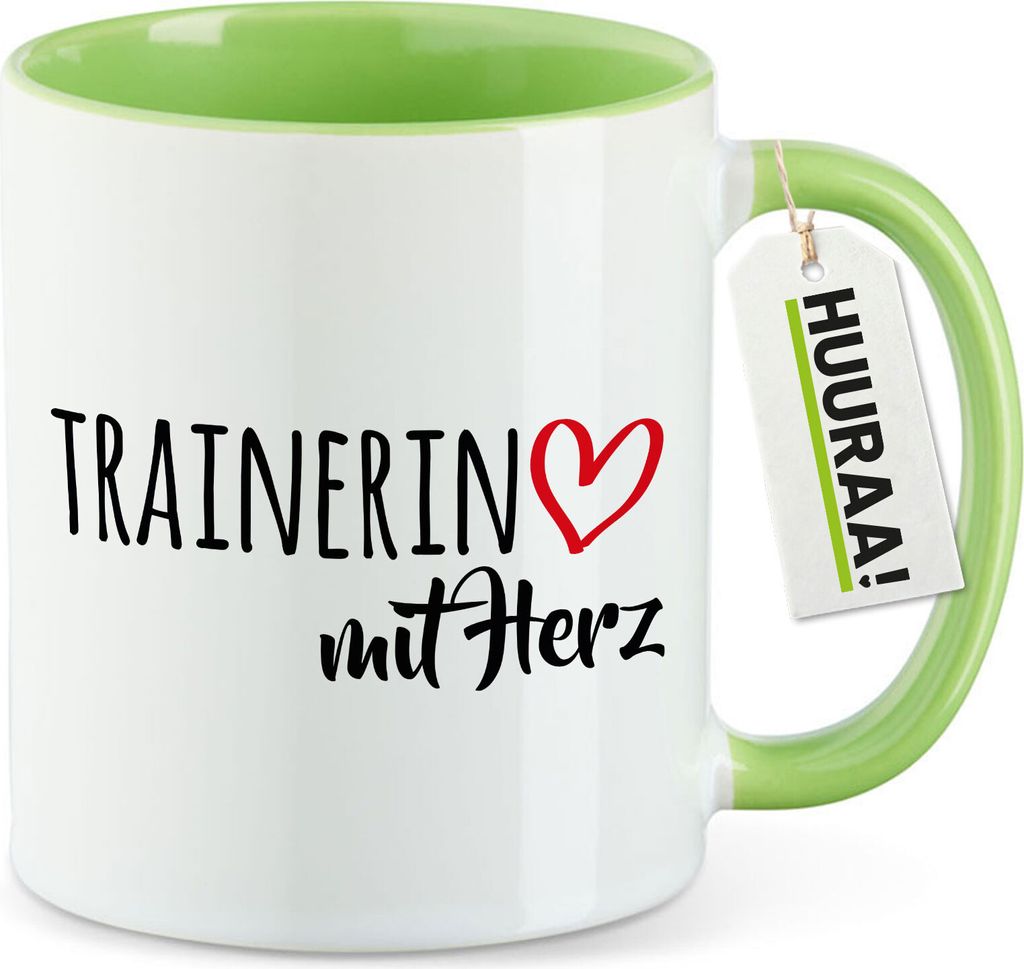 Huuraa Kaffeetasse Trainerin mit Herz 330ml Grün Keramik Kaffeebecher Geschenkidee