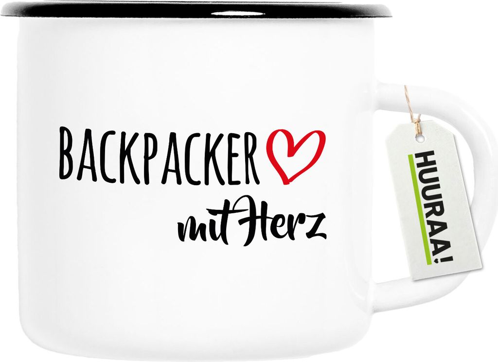 Huuraa Emaille Tasse Backpacker mit Herz 300ml Vintage Campingbecher Geschenkidee