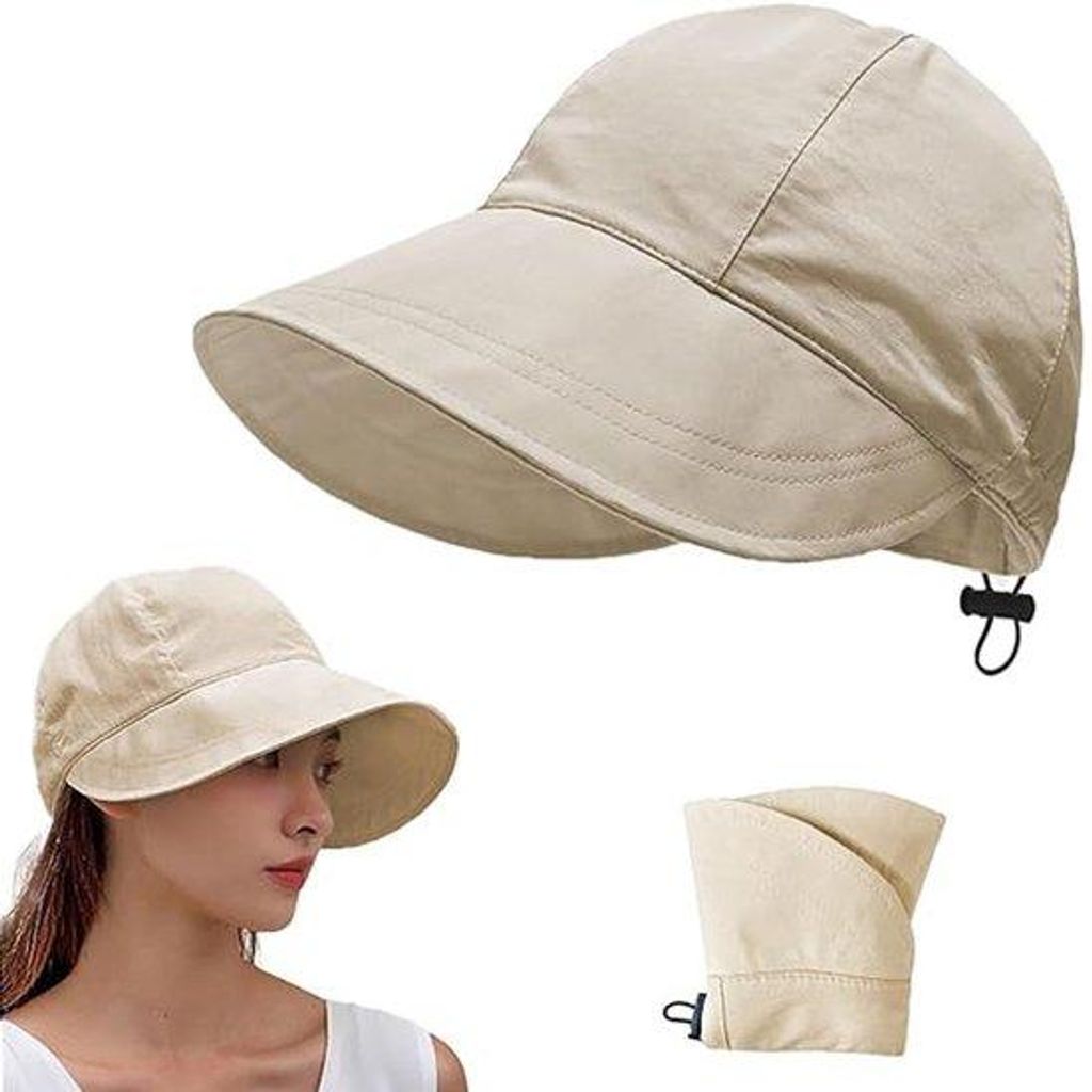 Sonnenschirm - Sonnenhut Damen UPF 50+ - Faltbarer Strandhut mit Breitem Rand - Sommer & Außen - Beige - Kopfumfang 55-60cm - Beige