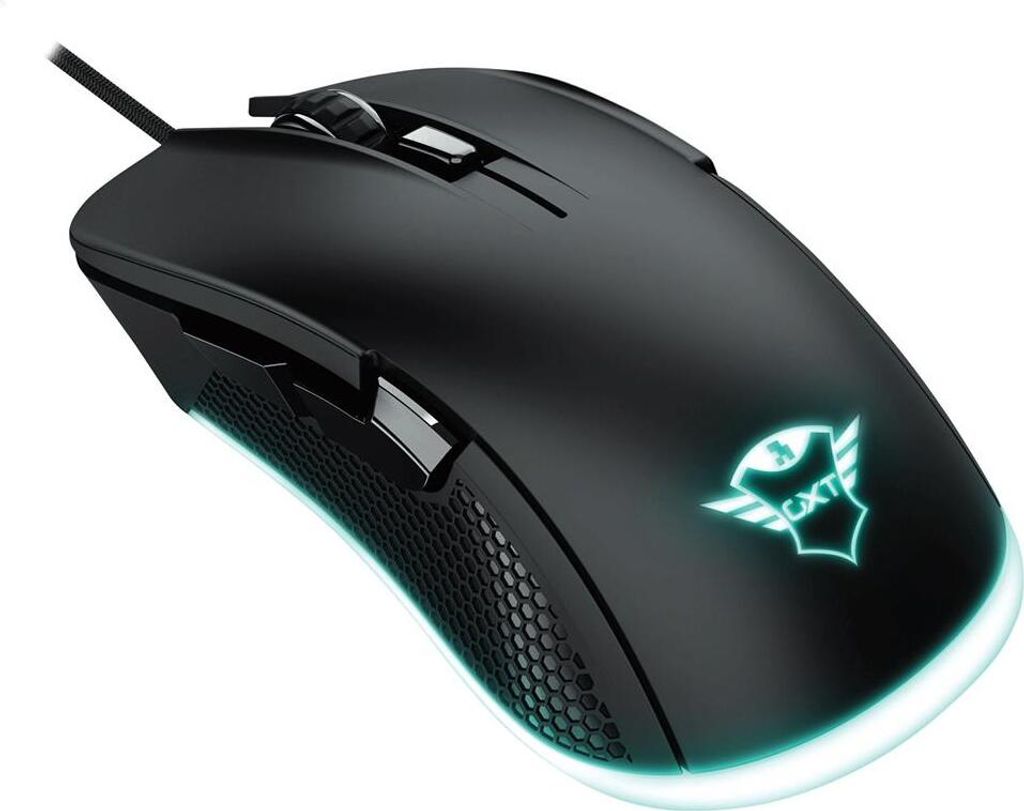 A black gaming mouse with RGB lighting.