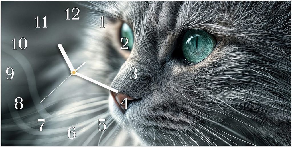Wanduhr aus Glas mit Motiv Nahaufnahme Katze- 60 x 30 cm - inkl. Aufhängesystem