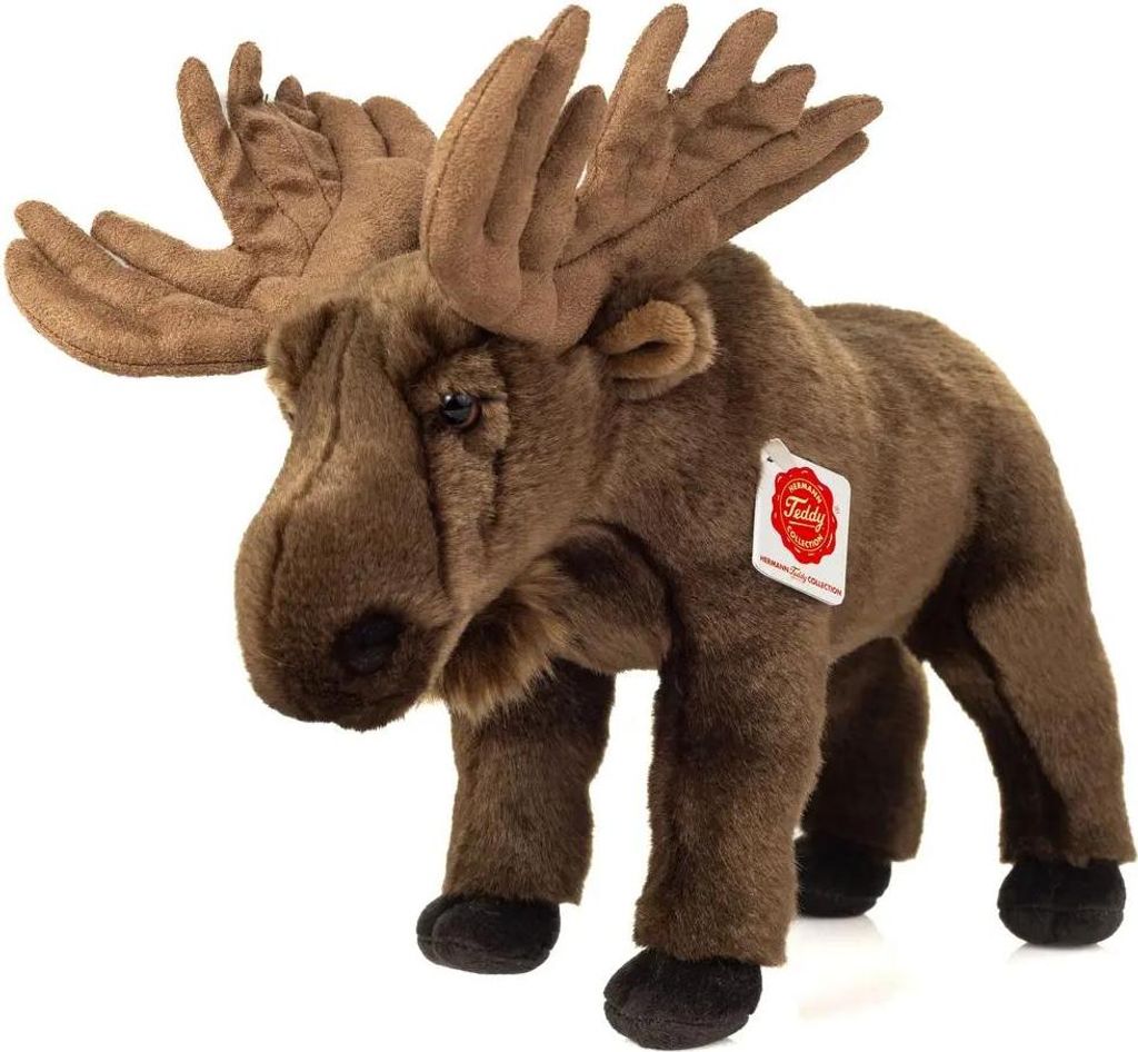 A plush toy moose standing on a white background.
