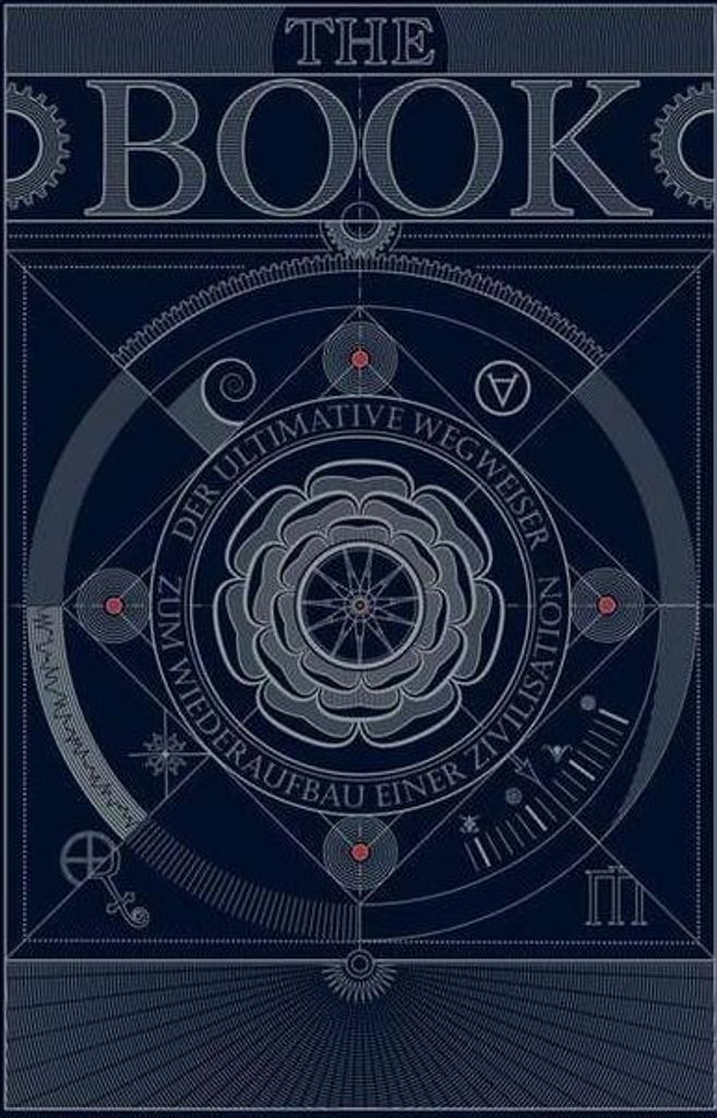 A dark blue background with intricate geometric patterns and text, centered around a stylized rose or compass-like symbol.