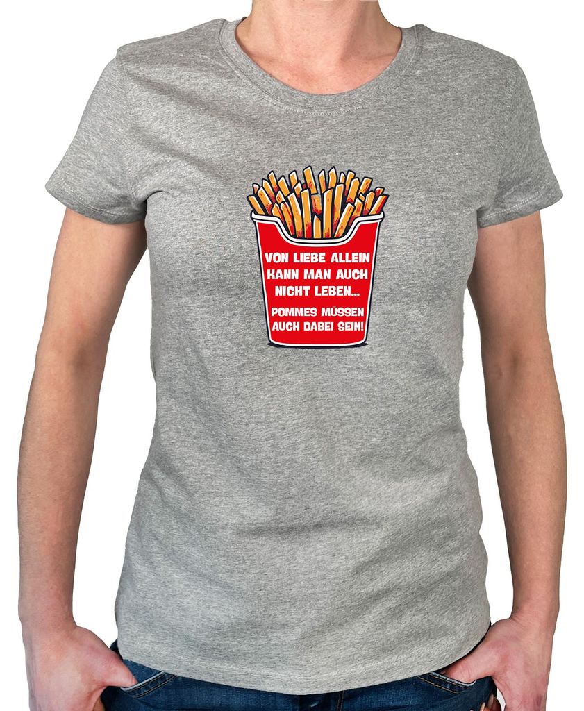 Huuraa Damen T-Shirt Liebe allein nicht Pommes dabei L Sport Grey Bio Baumwolle Fairtrade Damenshirt Geschenkidee