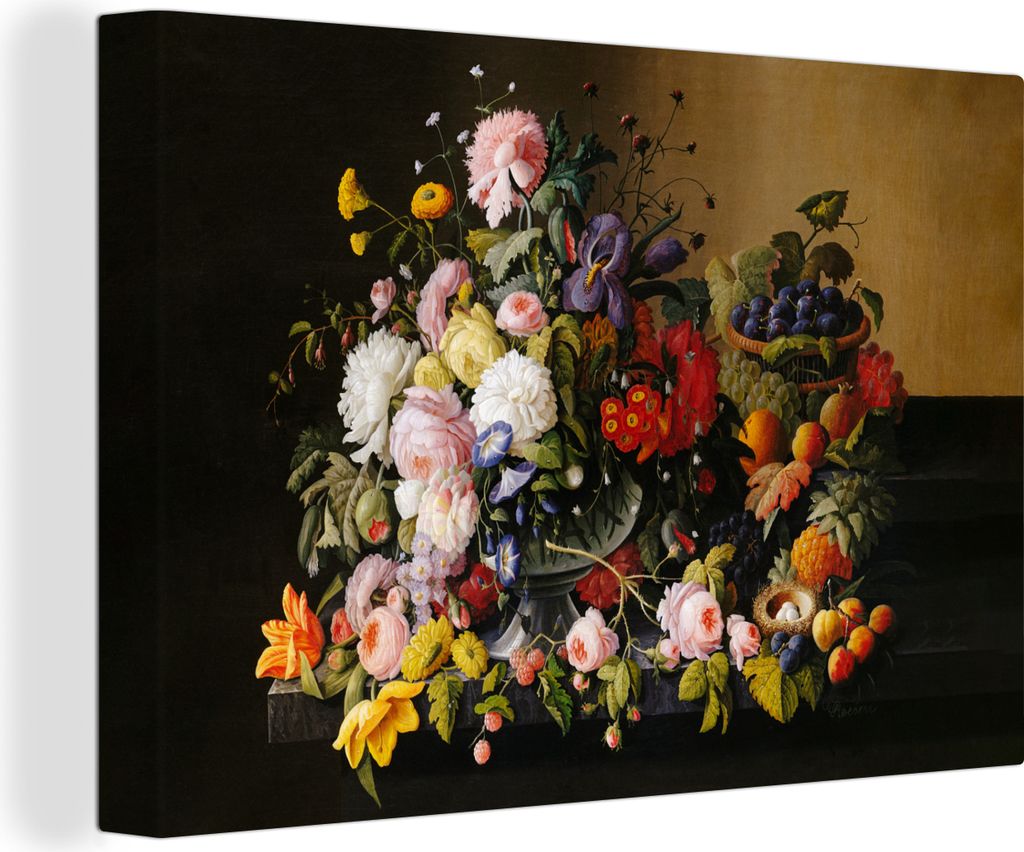 OneMillionCanvasses - Leinwandbilder - 150x100 cm, Stilleben mit Blumen und Früchten - Kunstwerk - Alte Meister, Wandbilder Kunstdruck Wanddekor...