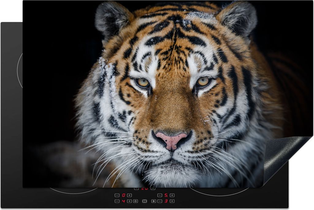 KitchenYeah Herdabdeckplatte Tiger - Schnee - Schwarz , 80x52cm, Küche Deko, Glaskeramikfeld Herdabdeckung, Abdeckplatte fùr Kochfeld