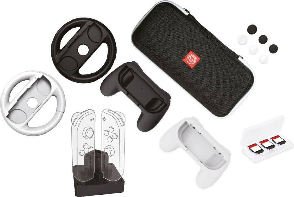 Qware accessoir set – 2 Lenkräder, 2 Controller, Ladegerät, Daumengriffe & Spielhüllen kompatibel mit Nintendo Switch