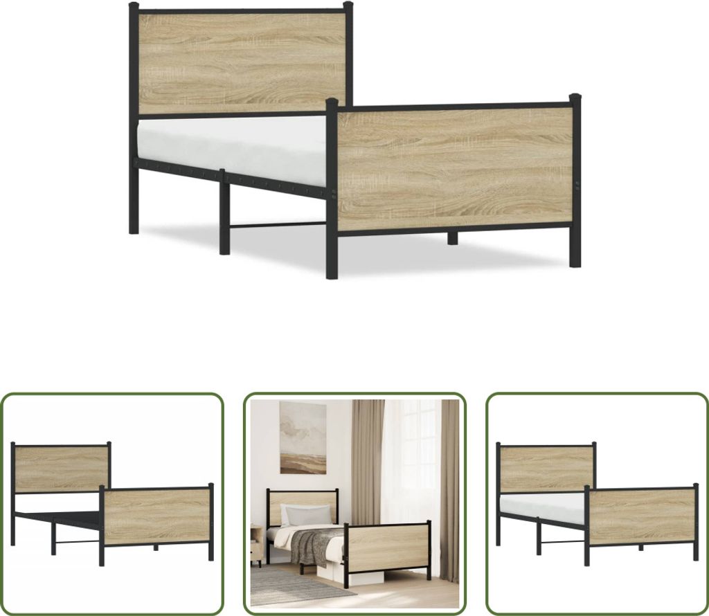 The Living Store Bettgestell mit Kopf- und Fußteil Metall Sonoma-Eiche 90x190 cm