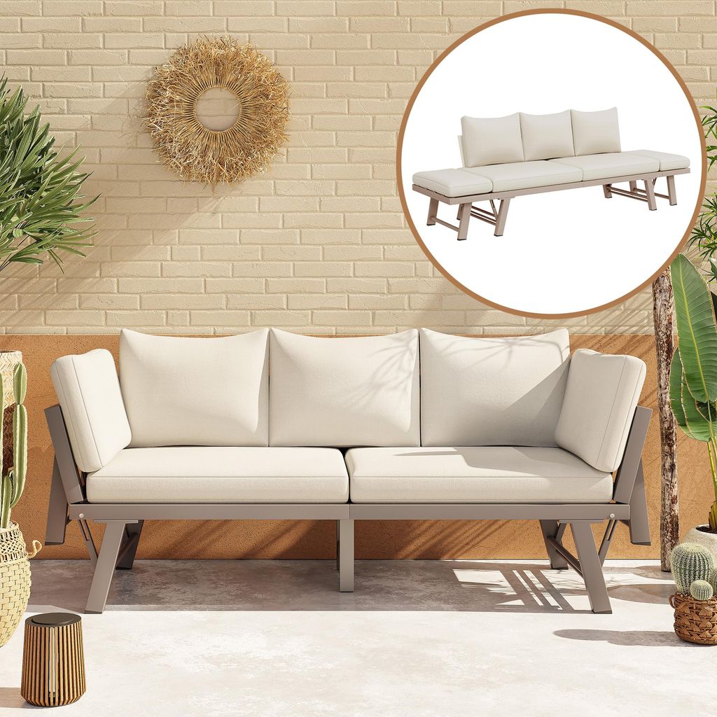 3-Sitzer-Outdoor-Sofa, Gartensofas mit Liegefunktion, Sonnenliege mit Kissen und klappbaren Armlehnen, Gartenmöbel für Terrasse oder Balkon, beige