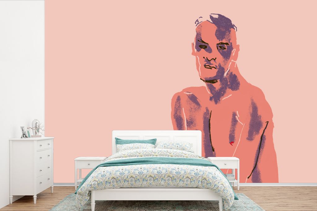 MuchoWow Fototapete für Wohnzimmer oder Schlafzimmer Wandtapete Vinyl Motivtapete Porträt - Mann - Pastell - Lila - Kunst - 330x220 cm - Fotota...