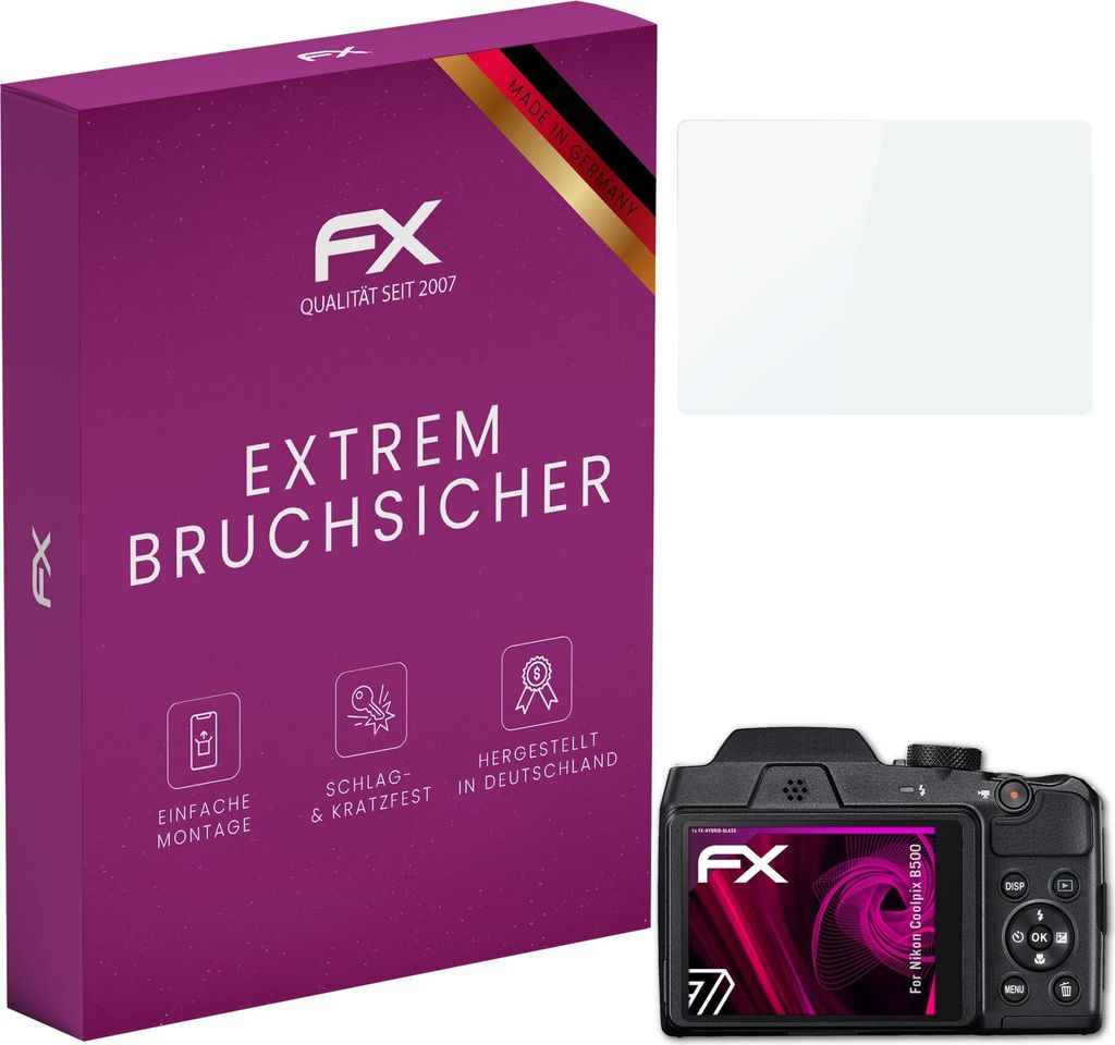 atFoliX FX-Hybrid-Glass Displayfolie kompatibel mit Nikon Coolpix B500 Glasfolie