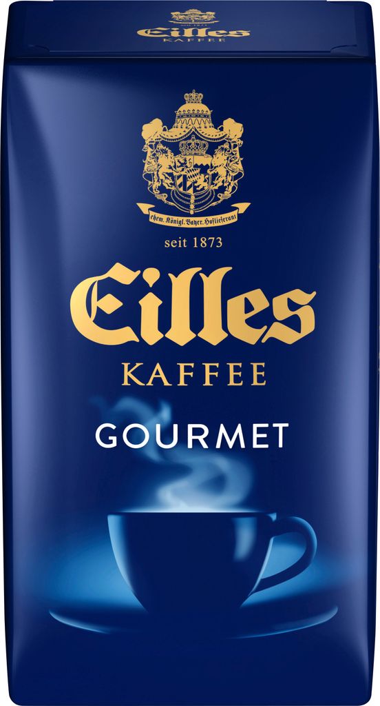 A bag of Eilles Kaffee Gourmet coffee with a steaming cup of coffee depicted.