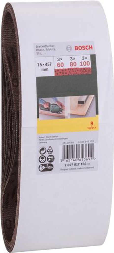 Schleifband-Set für Bandschleifer, 9-teilig, 75 x 457 mm, Körnung 60, 80, 100