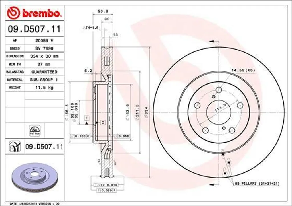 Brembo 09.D507.11 Disque de Frein OE 4351230350 pour Lexus GS et RC