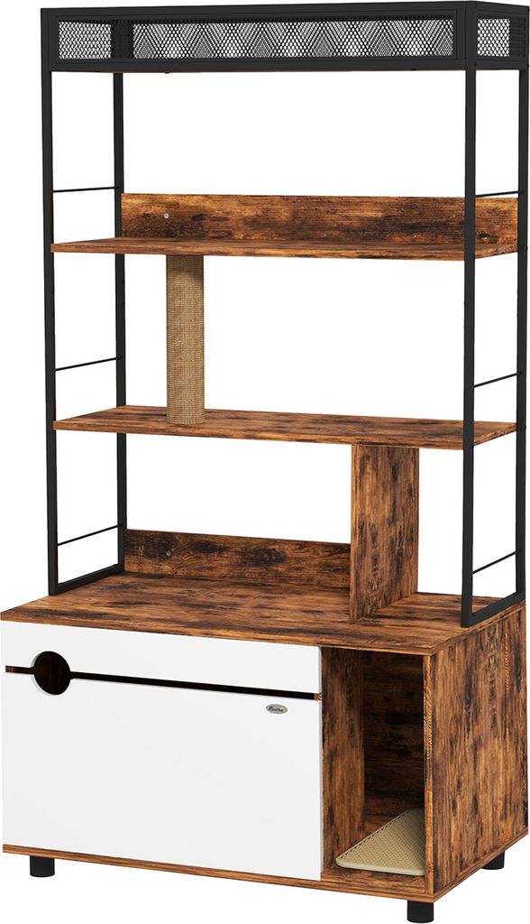 Katzentoilette mit 3-Ebenen-Regal und Kratzpfosten, geschlossenes Katzenklo, 80 x 48 x 152 cm, Braun