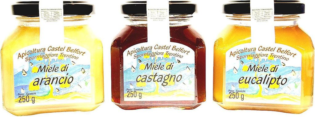 Apicoltura Castel Belfort - Honig Set Orangenhonig Kastanienhonig Eukalyptushonig - 3 Sorten 100 Prozent Italienisch Kaltgeschleudert 250 g