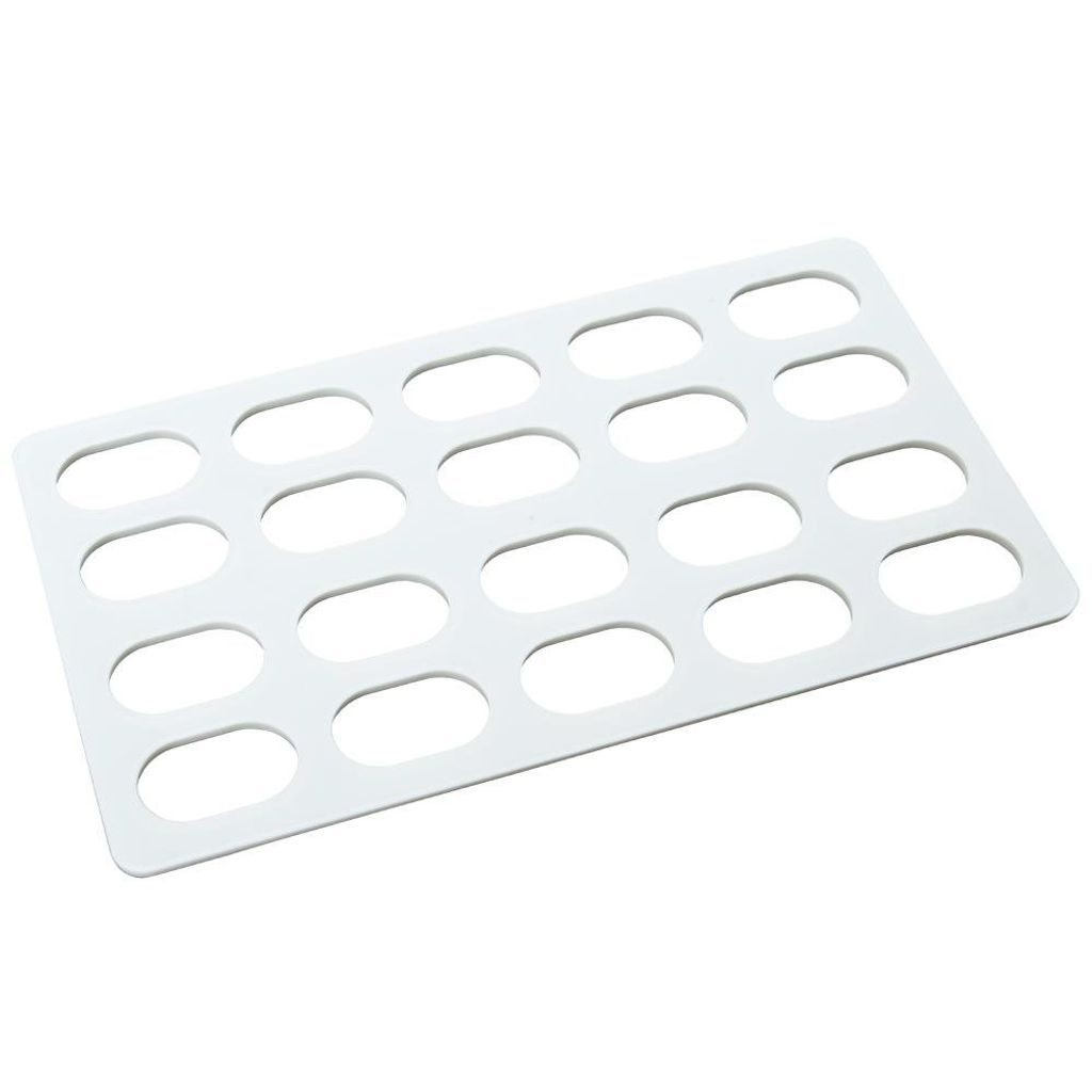 A white plastic tray with multiple oval-shaped cutouts, designed to hold small items.