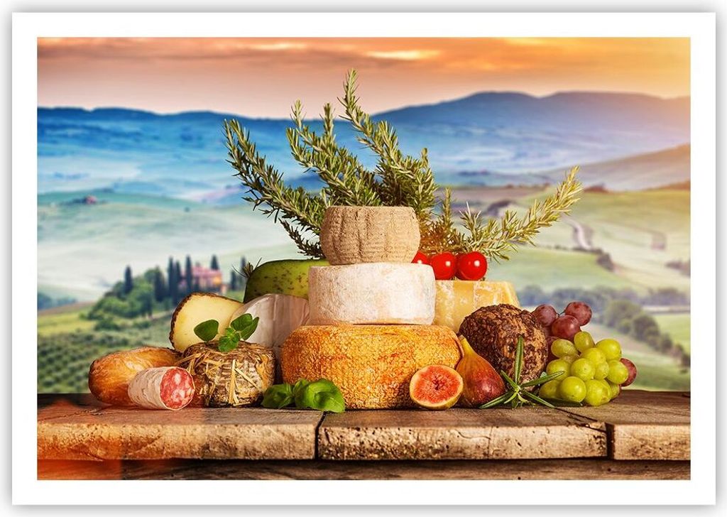 Poster - Poster ohne Rahmen - Toskana Käse Obst Italien - 100x70 cm - Wand Bild - Wanddeko - Wandbilder - Kunstposter - Wandposter - Bilder - Kuns...